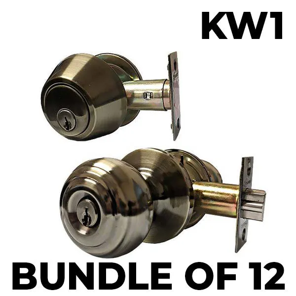 12 x Premium Combo Lockset - Knob & Deadbolt - Antique Brass - AB - KW1 (BUNDLE OF 12)