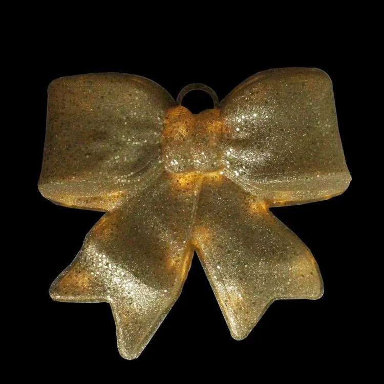16" Gold Glittered Battery-Operated Lighted LED Bow Christmas Decoration