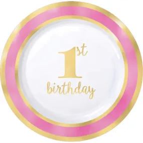 1st Birthday Pink Plastic Plates Hot Stamped