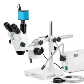 AmScope SM-3 Series Simul-Focal Lockable Zoom Trinocular Stereo Microscope with 150W Halogen Dual Gooseneck & Ring Lights and Auto Focus Camera on Single Arm Boom Stand