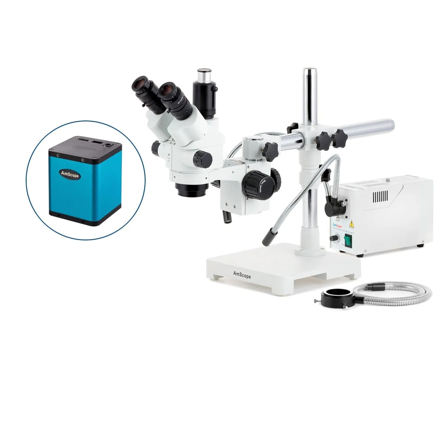 AmScope SM-3 Series Simul-Focal Lockable Zoom Trinocular Stereo Microscope with 150W Halogen Dual Gooseneck & Ring Lights and Auto Focus Camera on Single Arm Boom Stand