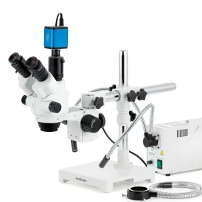 AmScope SM-3 Series Simul-Focal Lockable Zoom Trinocular Stereo Microscope with 150W Halogen Dual Gooseneck & Ring Lights and HDMI Camera on Single Arm Boom Stand