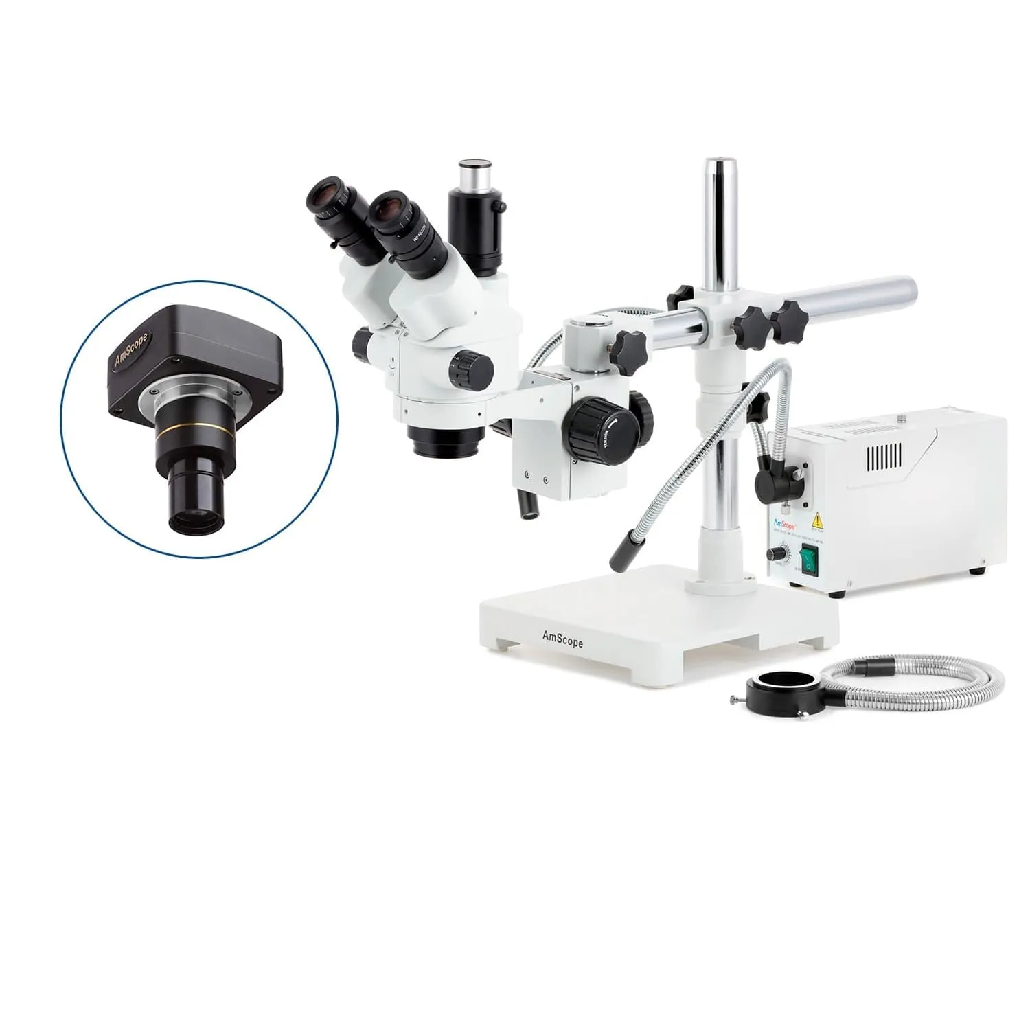 AmScope SM-3 Series Simul-Focal Lockable Zoom Trinocular Stereo Microscope with 150W Halogen Dual Gooseneck & Ring Lights and Optional Digital Camera on Single Arm Boom Stand