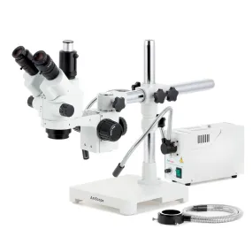 AmScope SM-3 Series Simul-Focal Lockable Zoom Trinocular Stereo Microscope with 150W Halogen Dual Gooseneck & Ring Lights and Optional Digital Camera on Single Arm Boom Stand