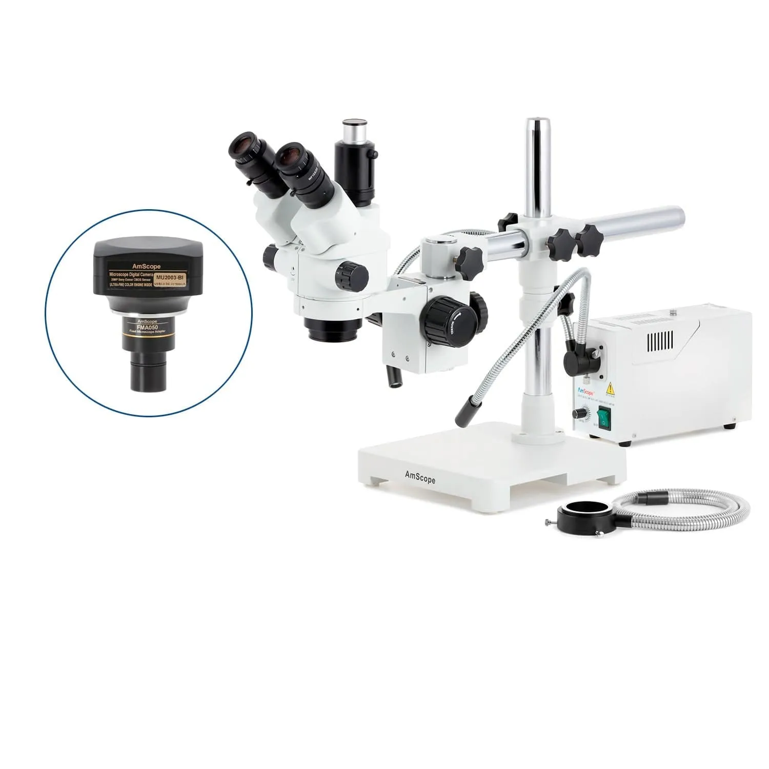 AmScope SM-3 Series Simul-Focal Lockable Zoom Trinocular Stereo Microscope with 150W Halogen Dual Gooseneck & Ring Lights and Optional Digital Camera on Single Arm Boom Stand