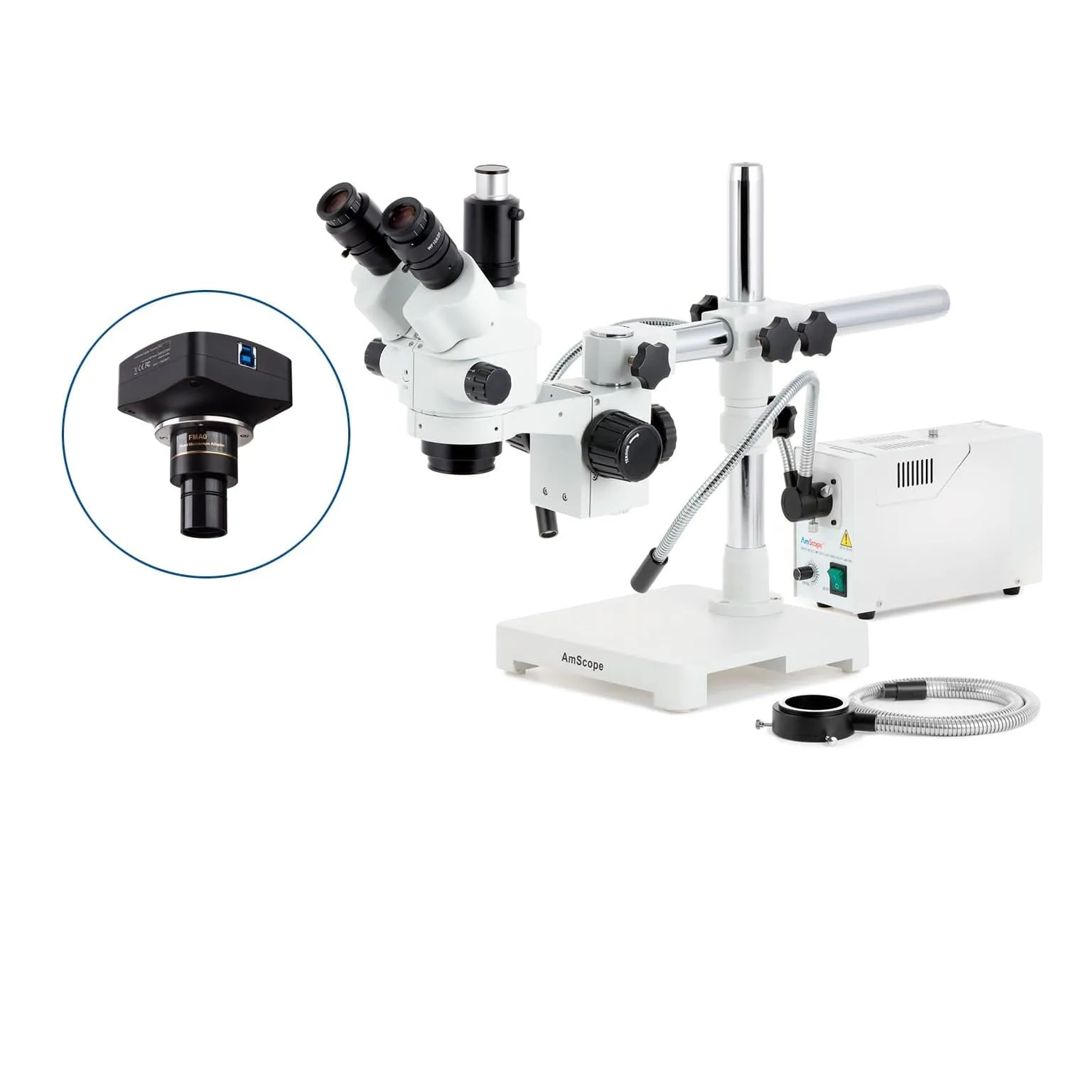 AmScope SM-3 Series Simul-Focal Lockable Zoom Trinocular Stereo Microscope with 150W Halogen Dual Gooseneck & Ring Lights and Optional Digital Camera on Single Arm Boom Stand