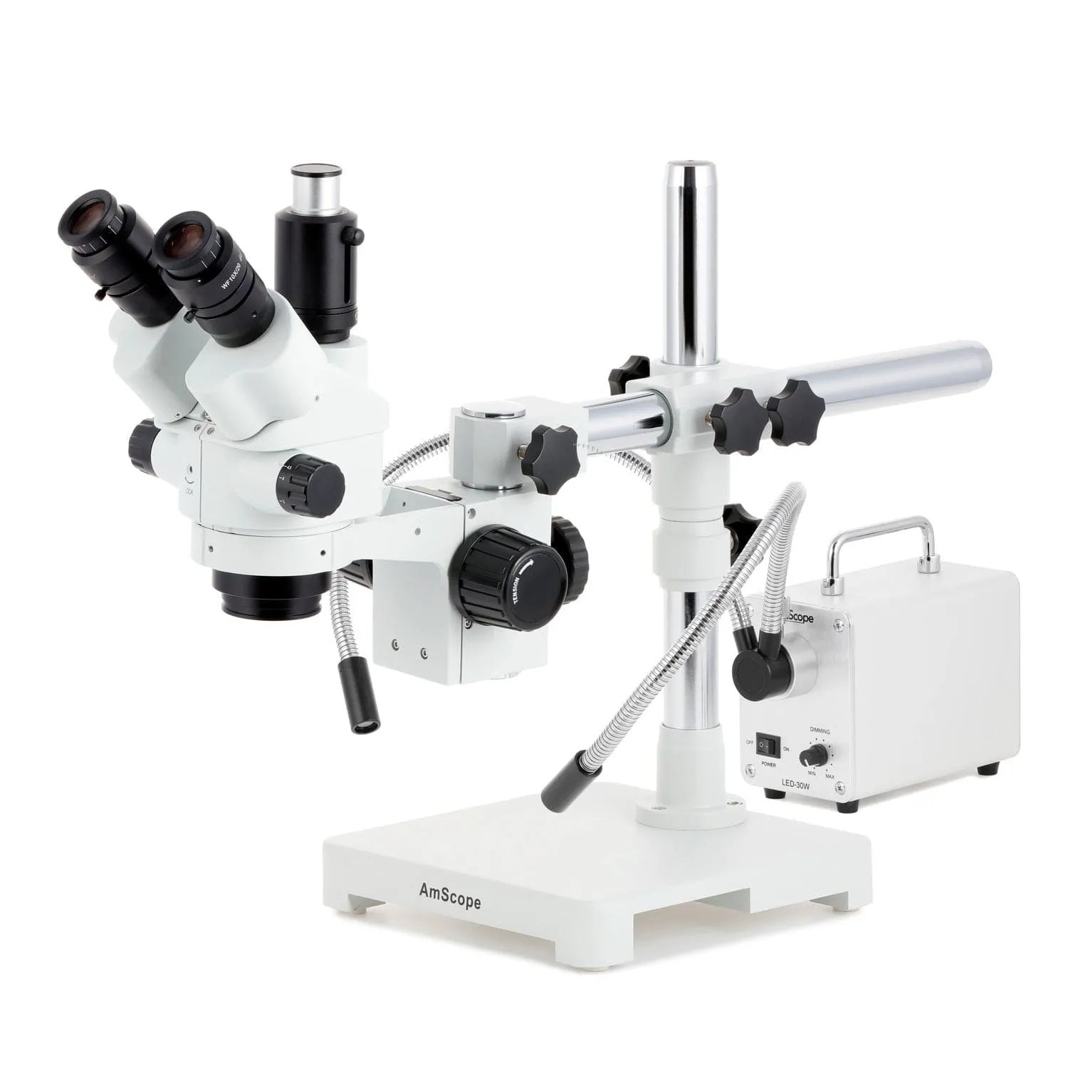 AmScope SM-3 Series Simul-Focal Lockable Zoom Trinocular Stereo Microscope with 30W LED Dual Gooseneck Fiber Optic Lights and Auto Focus Camera on Single Arm Boom Stand