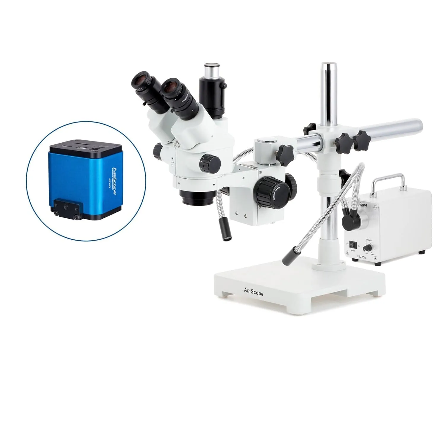 AmScope SM-3 Series Simul-Focal Lockable Zoom Trinocular Stereo Microscope with 30W LED Dual Gooseneck Fiber Optic Lights and Auto Focus Camera on Single Arm Boom Stand