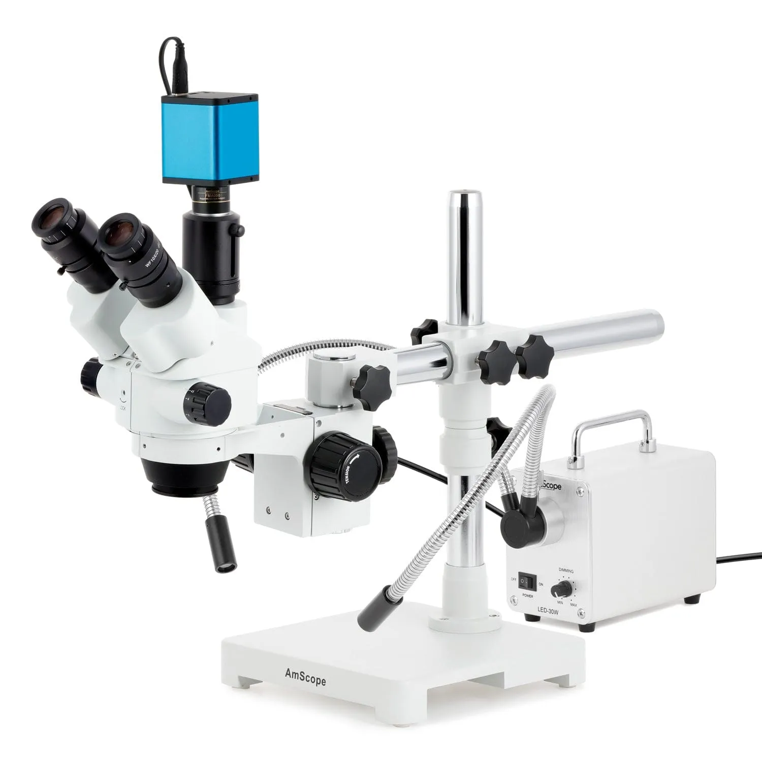 AmScope SM-3 Series Simul-Focal Lockable Zoom Trinocular Stereo Microscope with 30W LED Dual Gooseneck Fiber Optic Lights and Auto Focus Camera on Single Arm Boom Stand