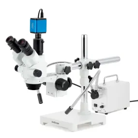 AmScope SM-3 Series Simul-Focal Lockable Zoom Trinocular Stereo Microscope with 30W LED Dual Gooseneck Fiber Optic Lights and HDMI Camera on Single Arm Boom Stand
