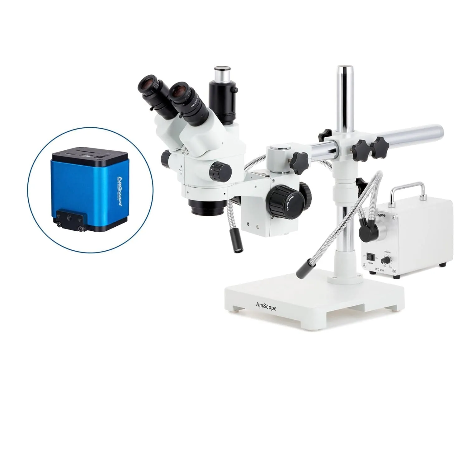 AmScope SM-3 Series Simul-Focal Lockable Zoom Trinocular Stereo Microscope with 30W LED Dual Gooseneck Fiber Optic Lights and HDMI Camera on Single Arm Boom Stand