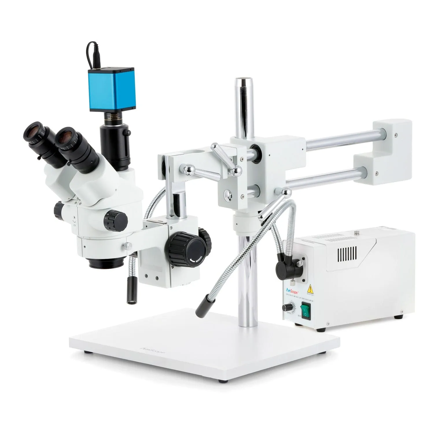 AmScope SM-4 Series Simul-Focal Lockable Zoom Trinocular Stereo Microscope with 150W Halogen Dual Fiber Gooseneck Lights and Auto Focus Camera on Double Arm Boom Stand