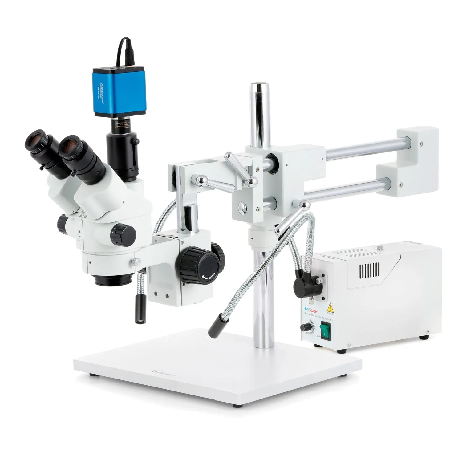 AmScope SM-4 Series Simul-Focal Lockable Zoom Trinocular Stereo Microscope with 150W Halogen Dual Fiber Gooseneck Lights and HDMI Camera on Double Arm Boom Stand