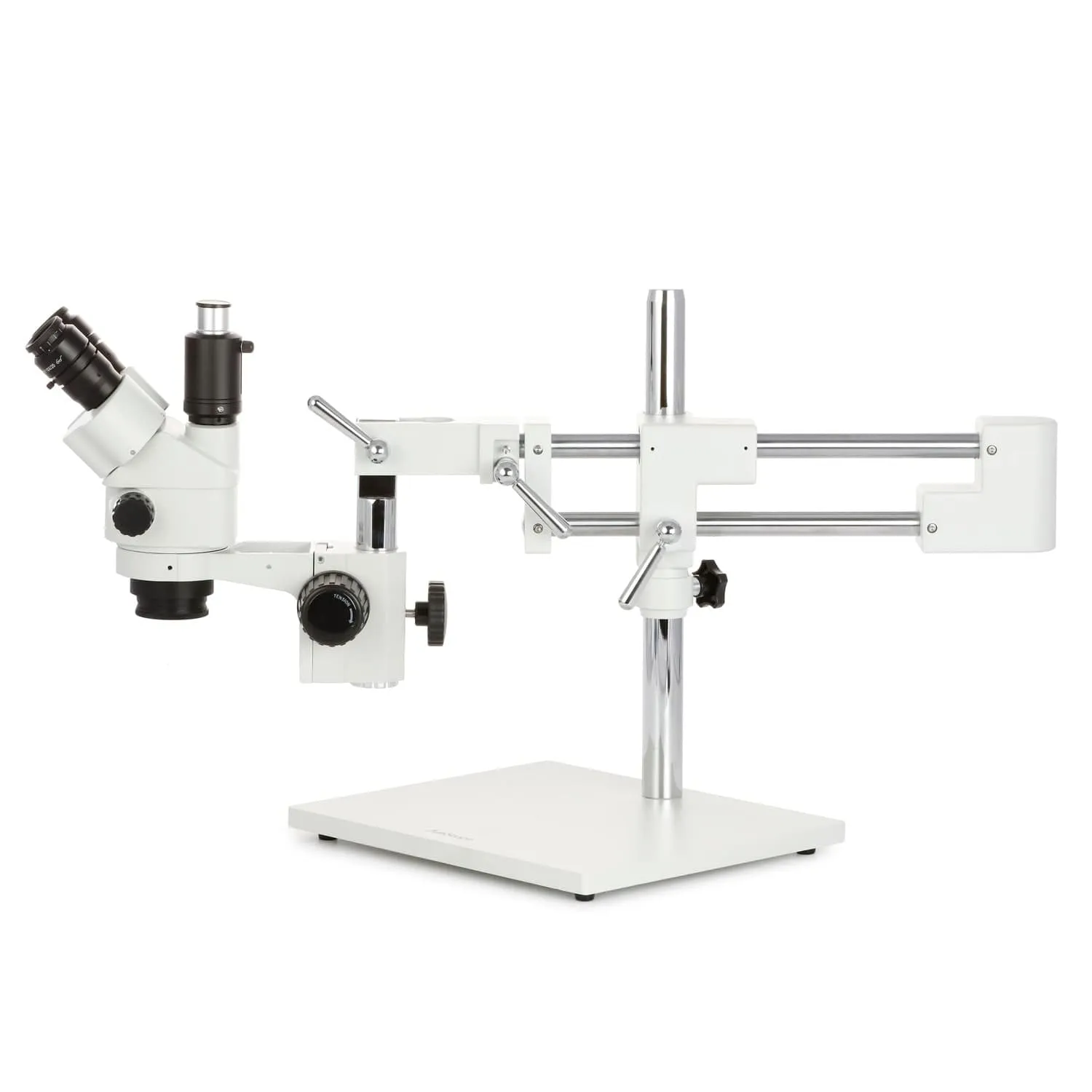 AmScope SM-4 Series Simul-Focal Lockable Zoom Trinocular Stereo Microscope with 150W Halogen Dual Fiber Gooseneck Lights and Optional Digital Camera on Double Arm Boom Stand