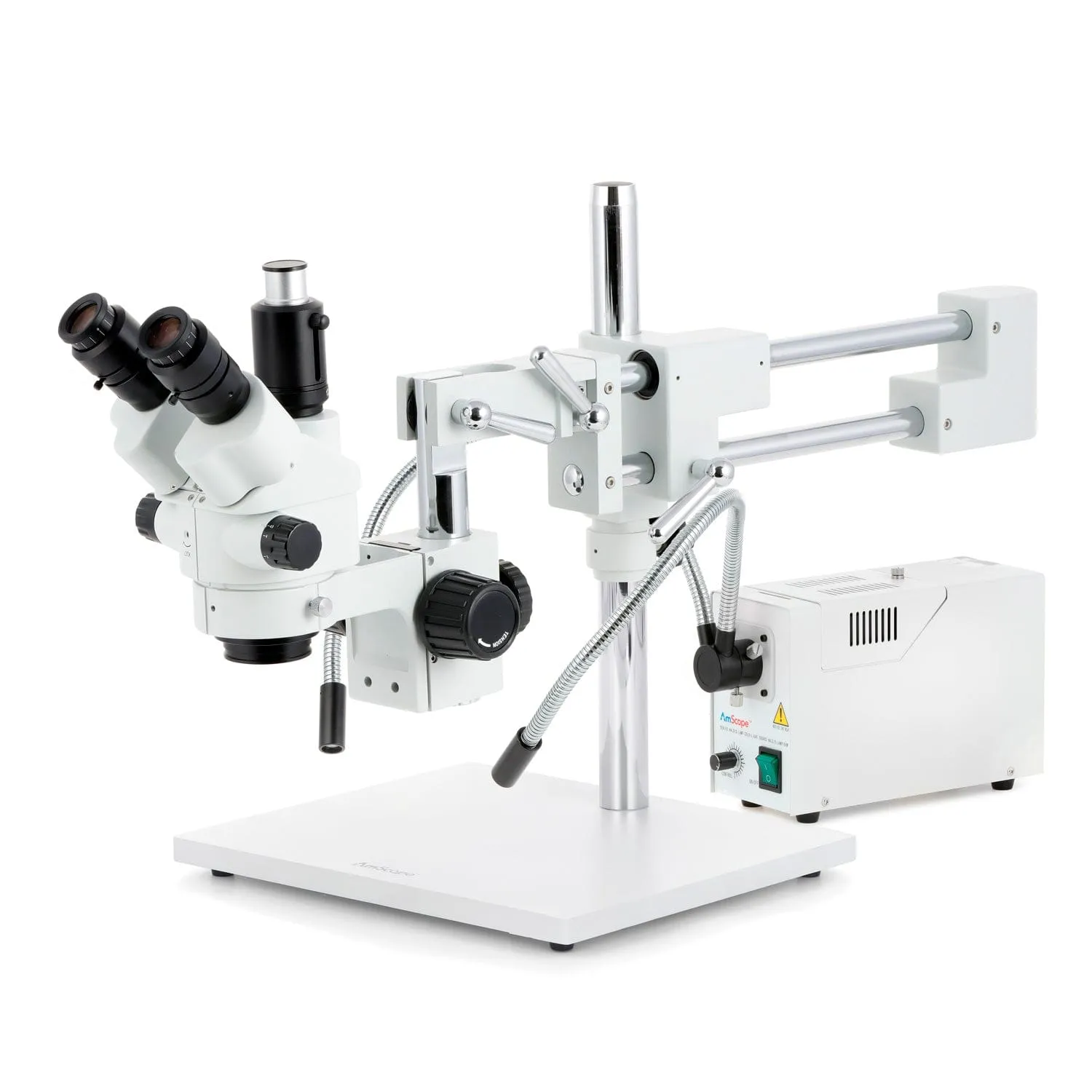 AmScope SM-4 Series Simul-Focal Lockable Zoom Trinocular Stereo Microscope with 150W Halogen Dual Fiber Gooseneck Lights and Optional Digital Camera on Double Arm Boom Stand