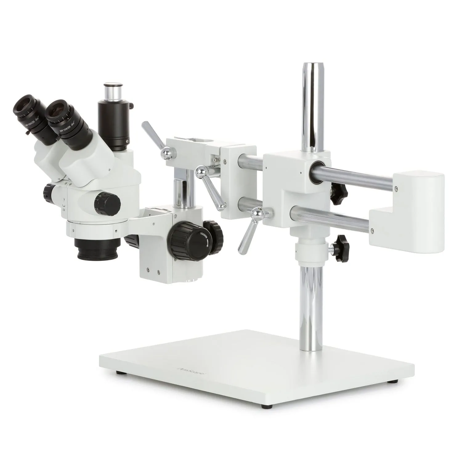 AmScope SM-4 Series Simul-Focal Lockable Zoom Trinocular Stereo Microscope with 150W Halogen Dual Fiber Gooseneck Lights and Optional Digital Camera on Double Arm Boom Stand