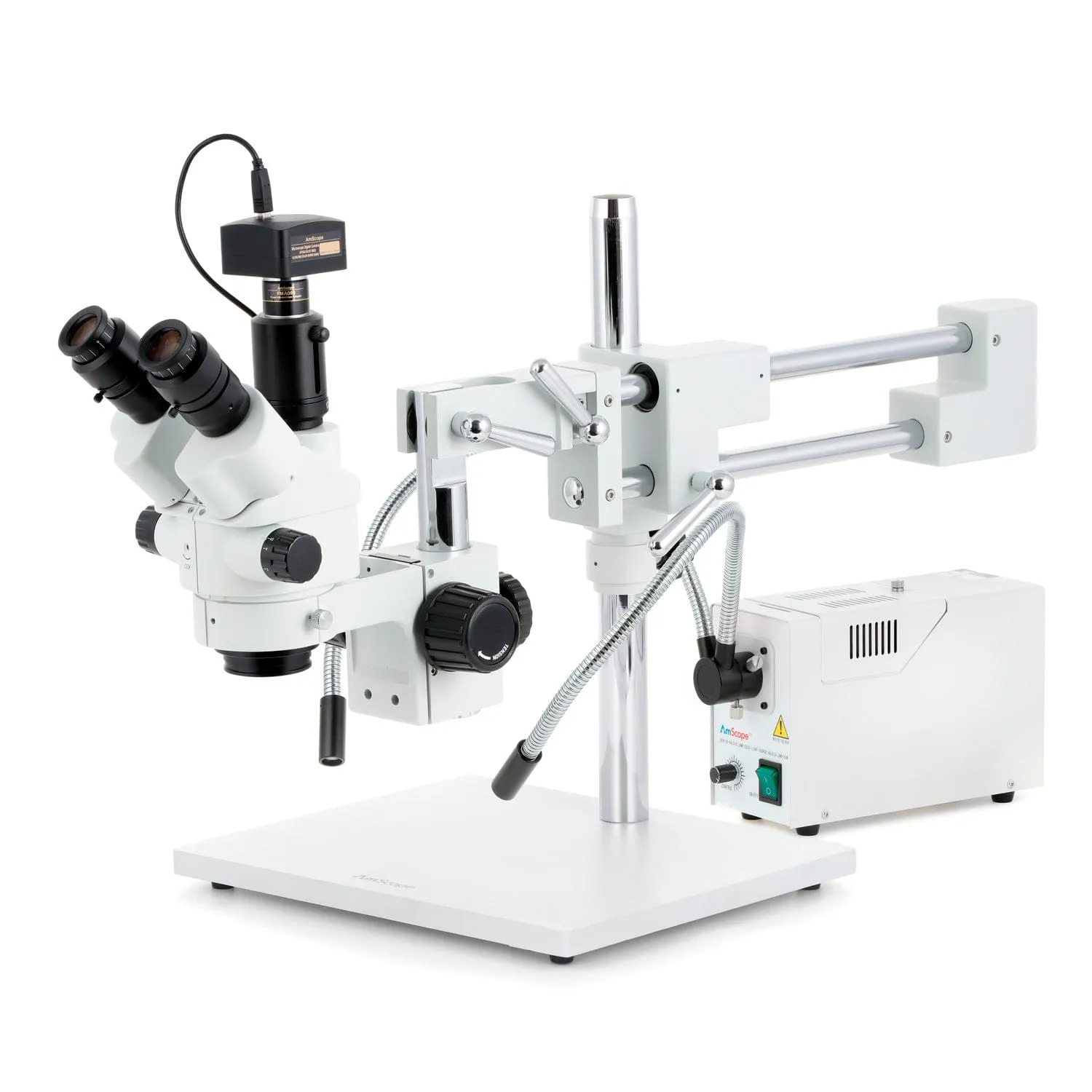 AmScope SM-4 Series Simul-Focal Lockable Zoom Trinocular Stereo Microscope with 150W Halogen Dual Fiber Gooseneck Lights and Optional Digital Camera on Double Arm Boom Stand