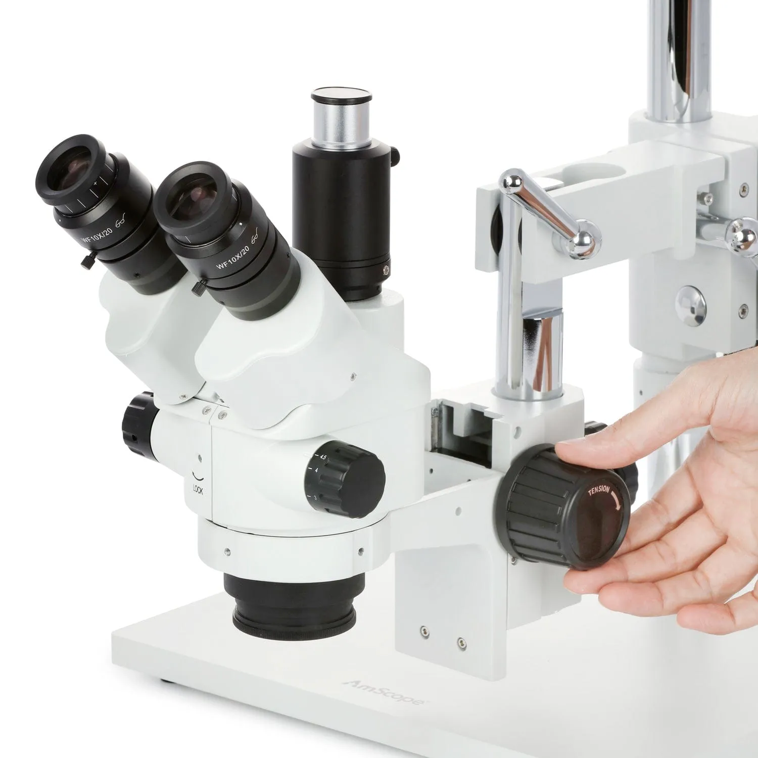 AmScope SM-4 Series Simul-Focal Lockable Zoom Trinocular Stereo Microscope with 150W Halogen Dual Fiber Gooseneck Lights and Optional Digital Camera on Double Arm Boom Stand