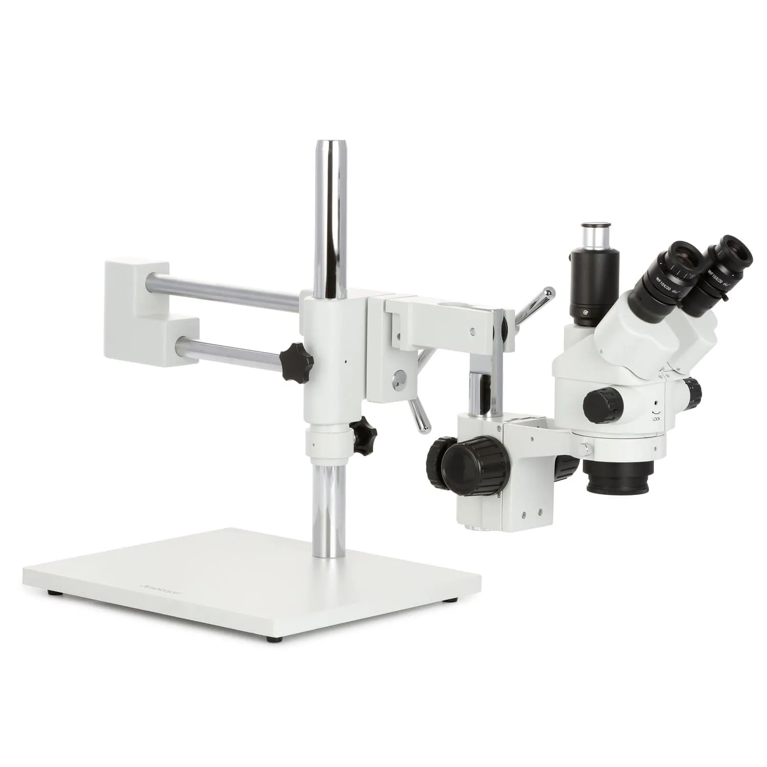 AmScope SM-4 Series Simul-Focal Lockable Zoom Trinocular Stereo Microscope with 150W Halogen Dual Fiber Gooseneck Lights and Optional Digital Camera on Double Arm Boom Stand