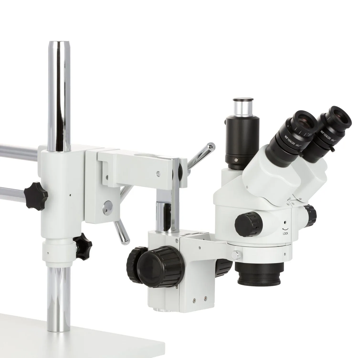 AmScope SM-4 Series Simul-Focal Lockable Zoom Trinocular Stereo Microscope with 150W Halogen Dual Fiber Gooseneck Lights and Optional Digital Camera on Double Arm Boom Stand