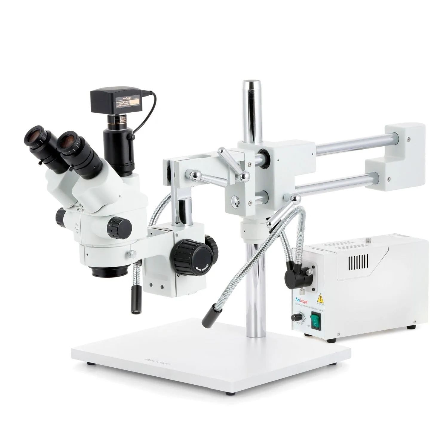 AmScope SM-4 Series Simul-Focal Lockable Zoom Trinocular Stereo Microscope with 150W Halogen Dual Fiber Gooseneck Lights and Optional Digital Camera on Double Arm Boom Stand