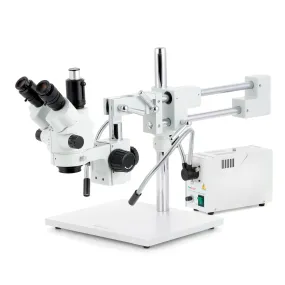AmScope SM-4 Series Simul-Focal Lockable Zoom Trinocular Stereo Microscope with 150W Halogen Dual Fiber Gooseneck Lights and Optional Digital Camera on Double Arm Boom Stand