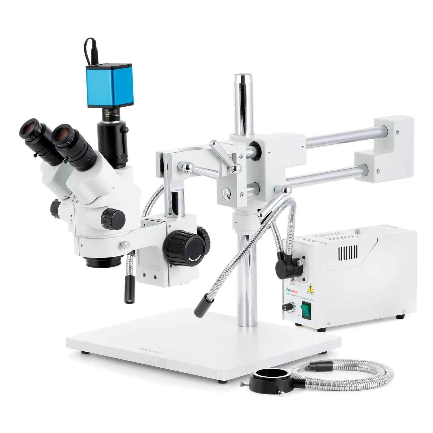 AmScope SM-4 Series Simul-Focal Lockable Zoom Trinocular Stereo Microscope with 150W Halogen Dual Gooseneck & Ring Lights and Auto Focus Camera on Double Arm Boom Stand