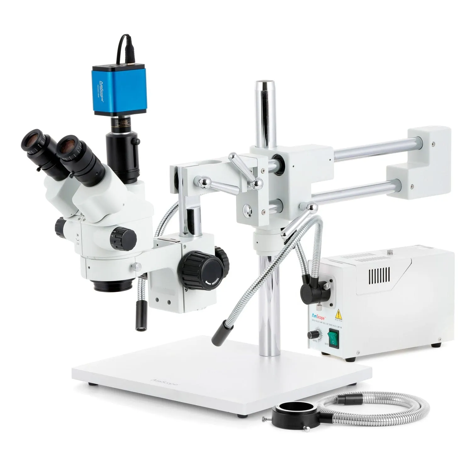 AmScope SM-4 Series Simul-Focal Lockable Zoom Trinocular Stereo Microscope with 150W Halogen Dual Gooseneck & Ring Lights and HDMI Camera on Double Arm Boom Stand