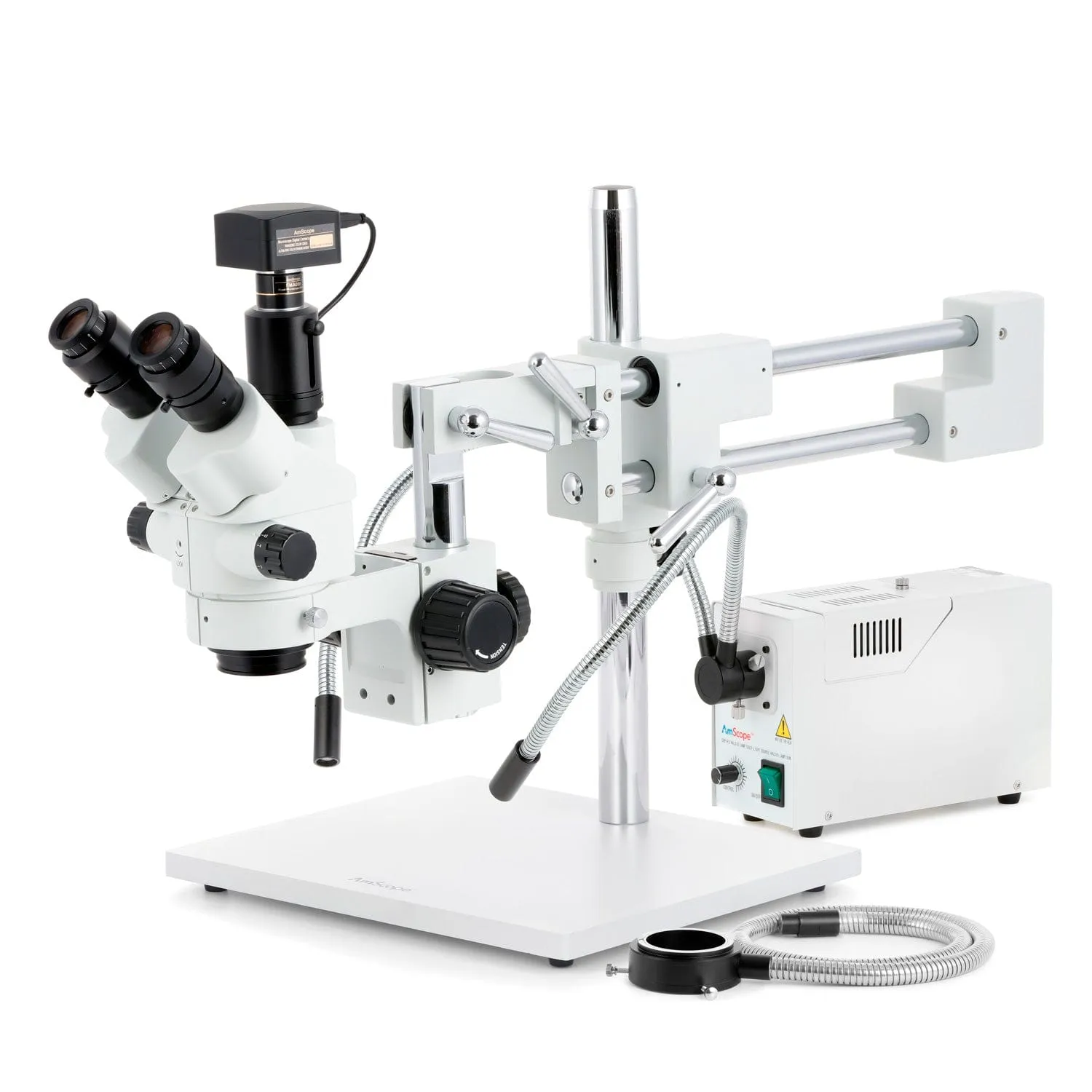 AmScope SM-4 Series Simul-Focal Lockable Zoom Trinocular Stereo Microscope with 150W Halogen Dual Gooseneck & Ring Lights and Optional Digital Camera on Double Arm Boom Stand