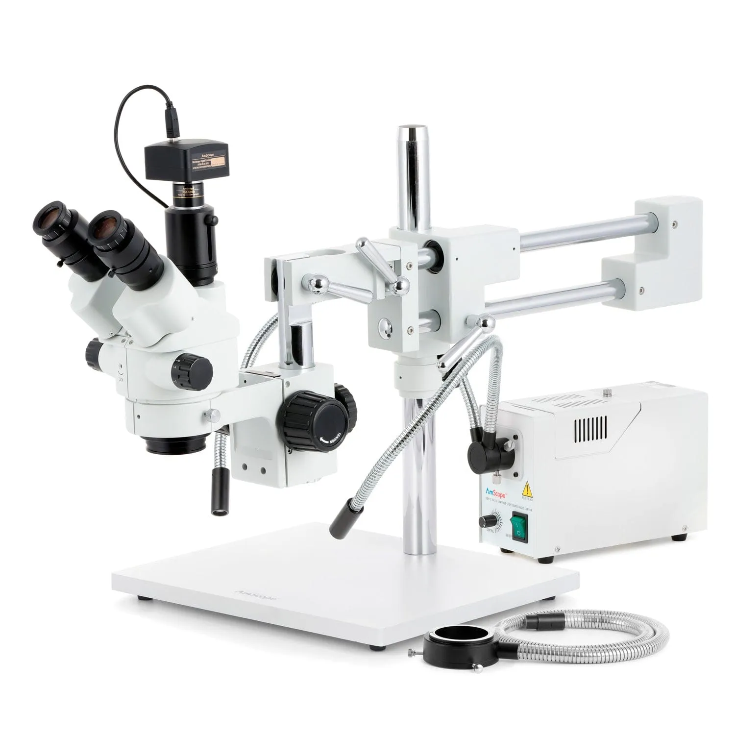 AmScope SM-4 Series Simul-Focal Lockable Zoom Trinocular Stereo Microscope with 150W Halogen Dual Gooseneck & Ring Lights and Optional Digital Camera on Double Arm Boom Stand