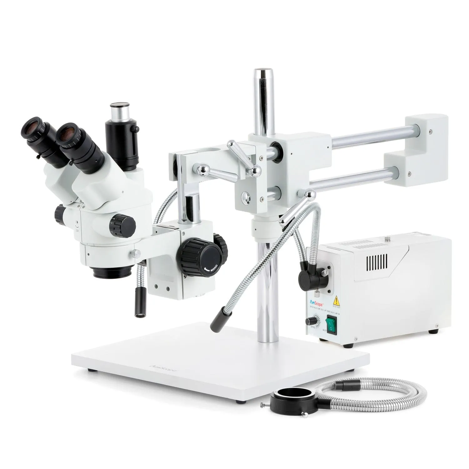 AmScope SM-4 Series Simul-Focal Lockable Zoom Trinocular Stereo Microscope with 150W Halogen Dual Gooseneck & Ring Lights and Optional Digital Camera on Double Arm Boom Stand