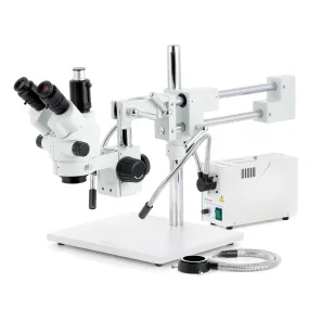 AmScope SM-4 Series Simul-Focal Lockable Zoom Trinocular Stereo Microscope with 150W Halogen Dual Gooseneck & Ring Lights and Optional Digital Camera on Double Arm Boom Stand