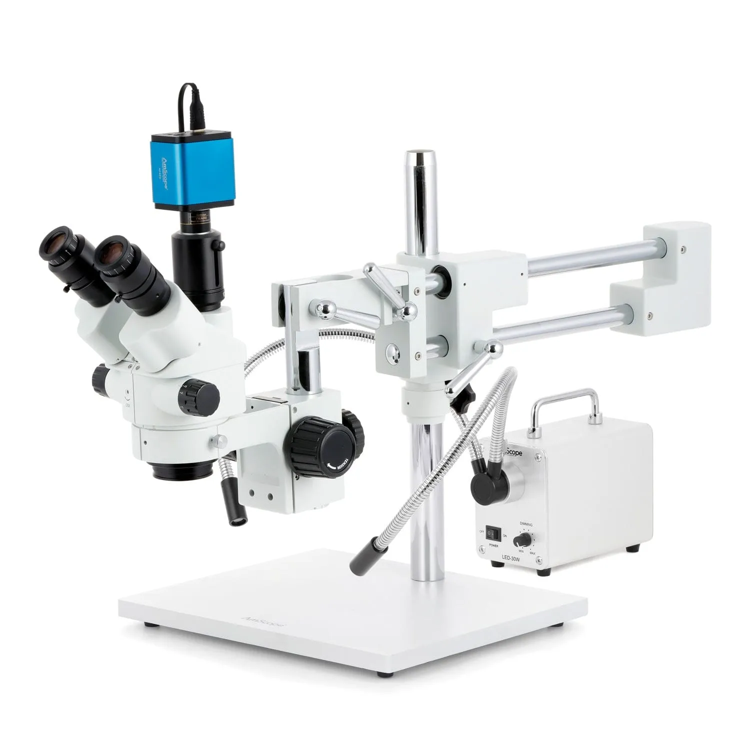 AmScope SM-4 Series Simul-Focal Lockable Zoom Trinocular Stereo Microscope with 30W LED Dual Gooseneck Fiber Optic Lights and Auto Focus Camera on Double Arm Boom Stand