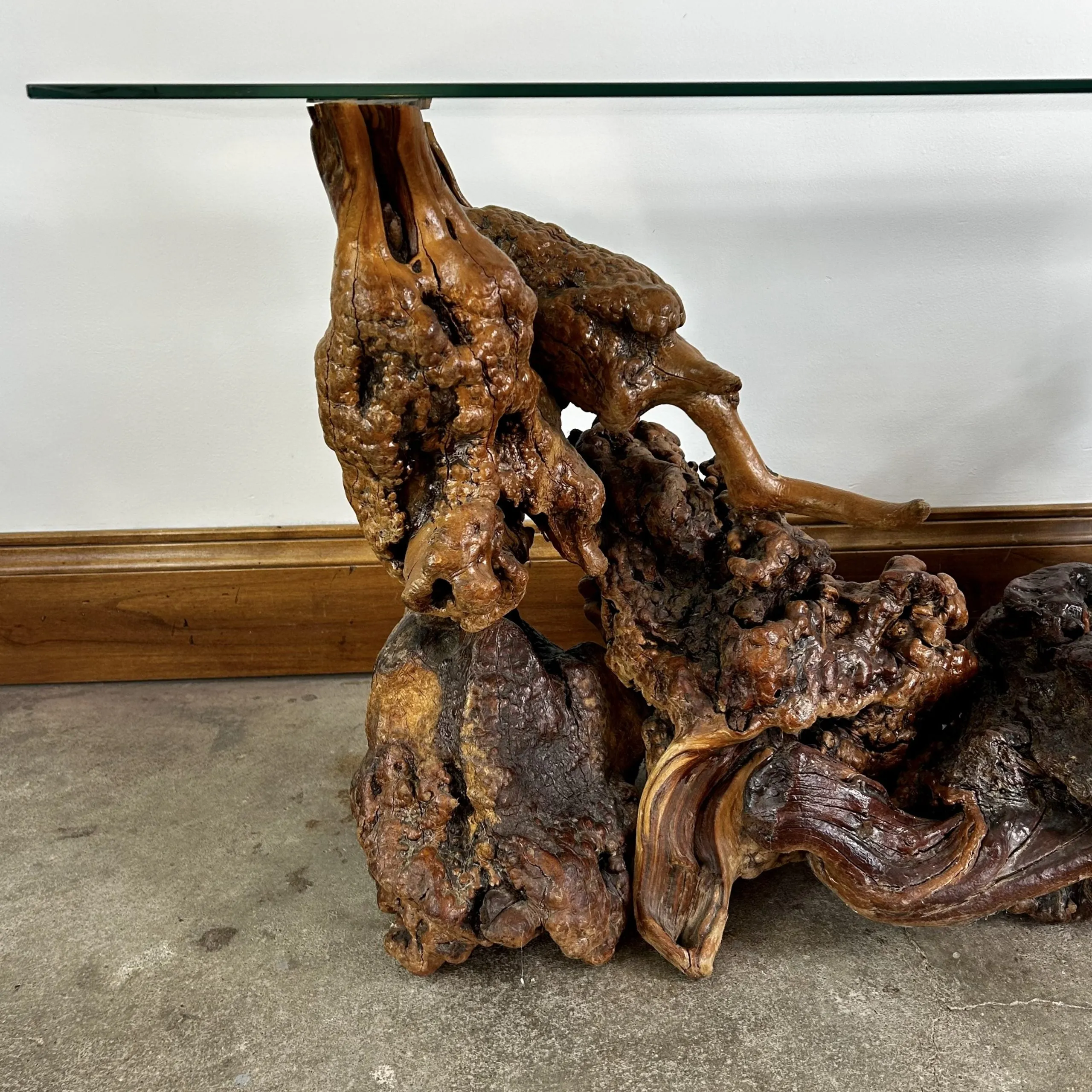 Burled Wood Root Table with Beveled Glass Top, One of a Kind, Entry Table, Console Table