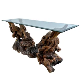 Burled Wood Root Table with Beveled Glass Top, One of a Kind, Entry Table, Console Table