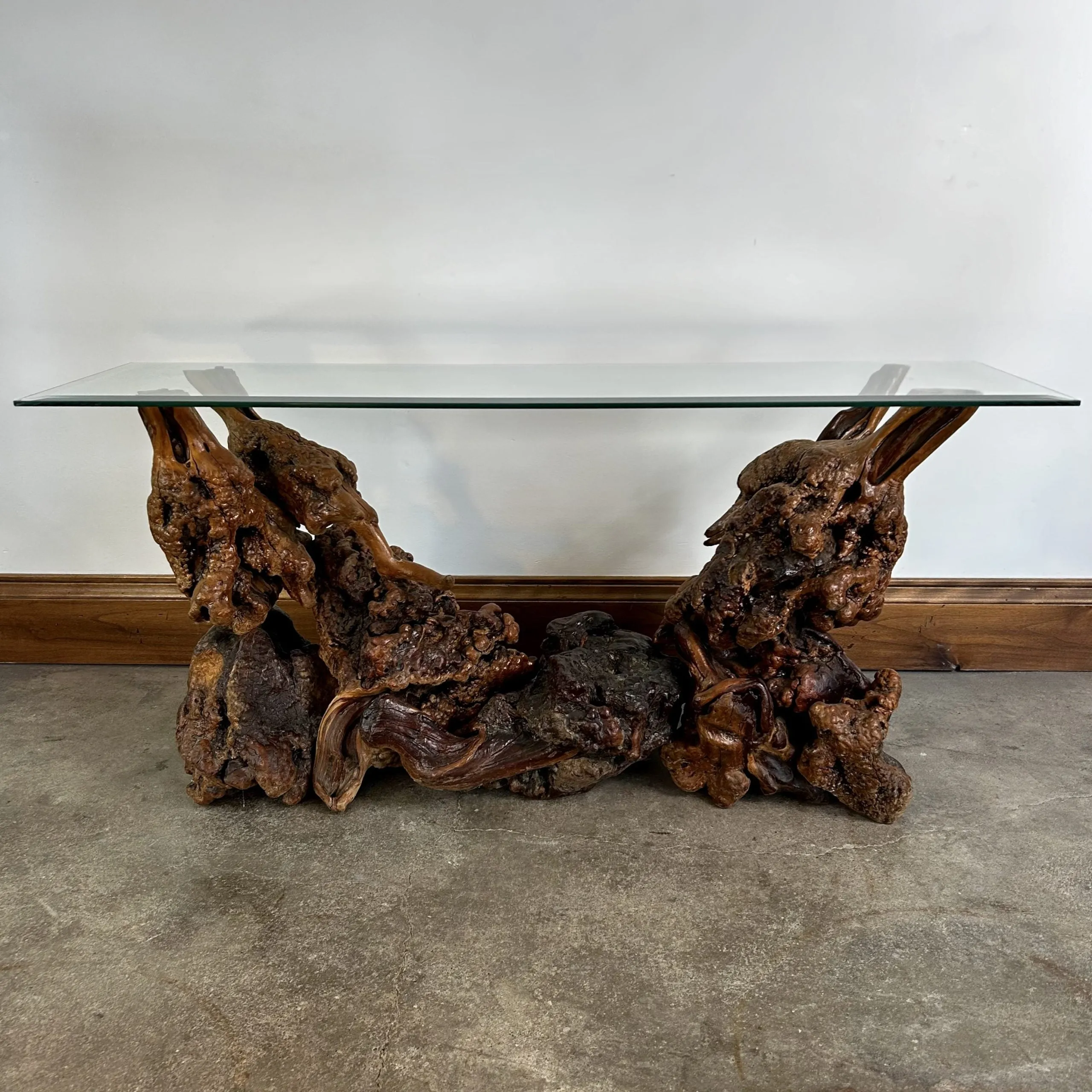 Burled Wood Root Table with Beveled Glass Top, One of a Kind, Entry Table, Console Table