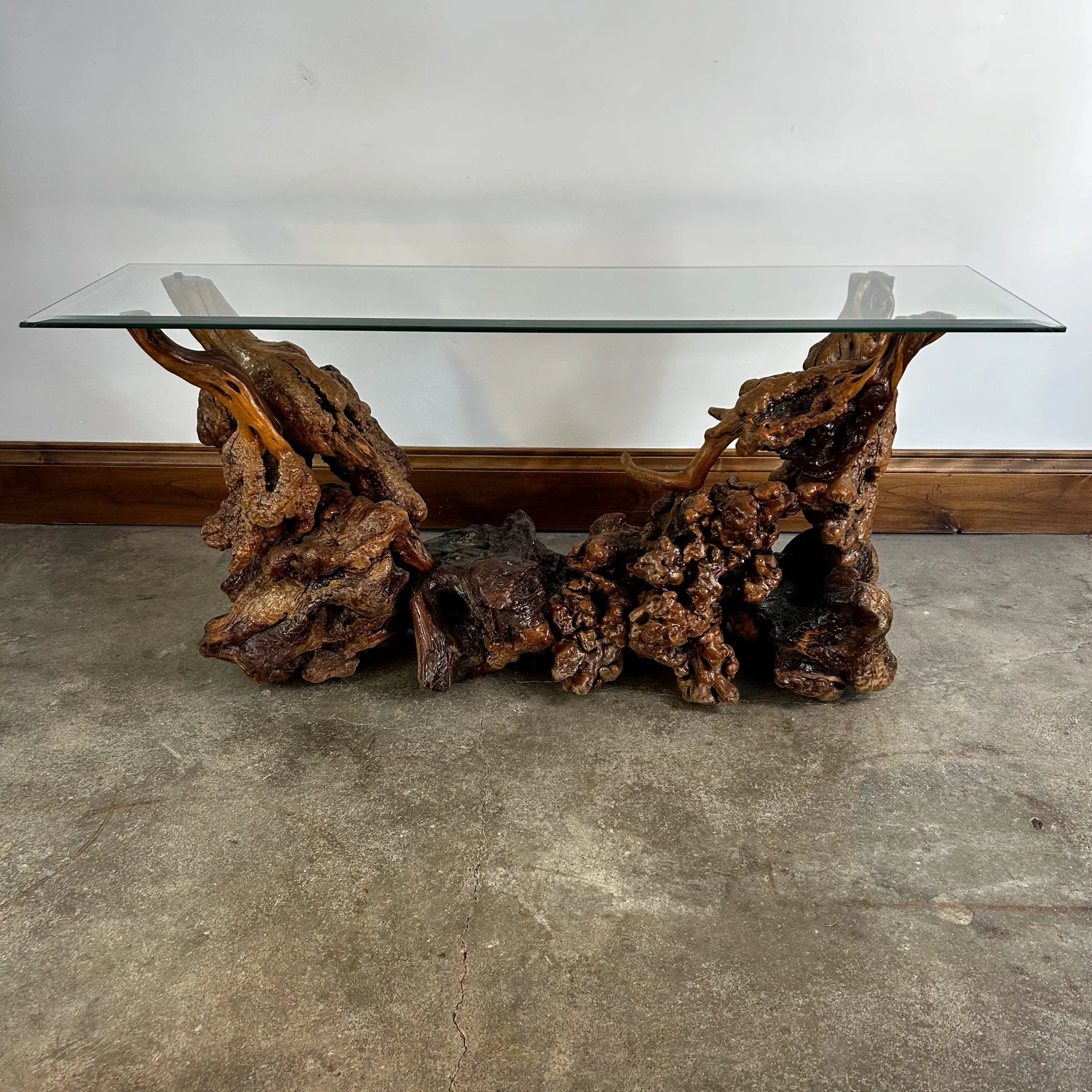 Burled Wood Root Table with Beveled Glass Top, One of a Kind, Entry Table, Console Table
