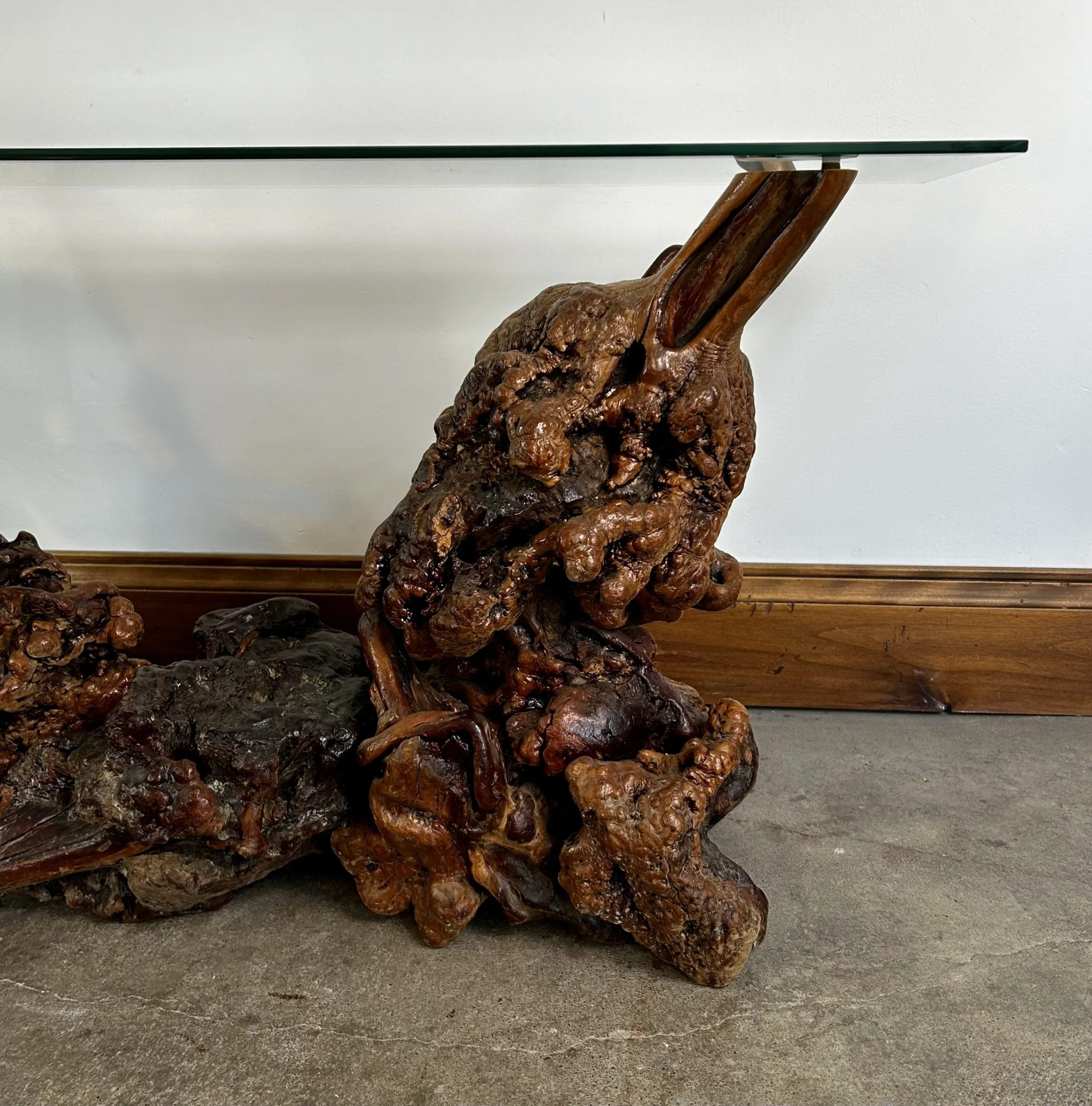 Burled Wood Root Table with Beveled Glass Top, One of a Kind, Entry Table, Console Table