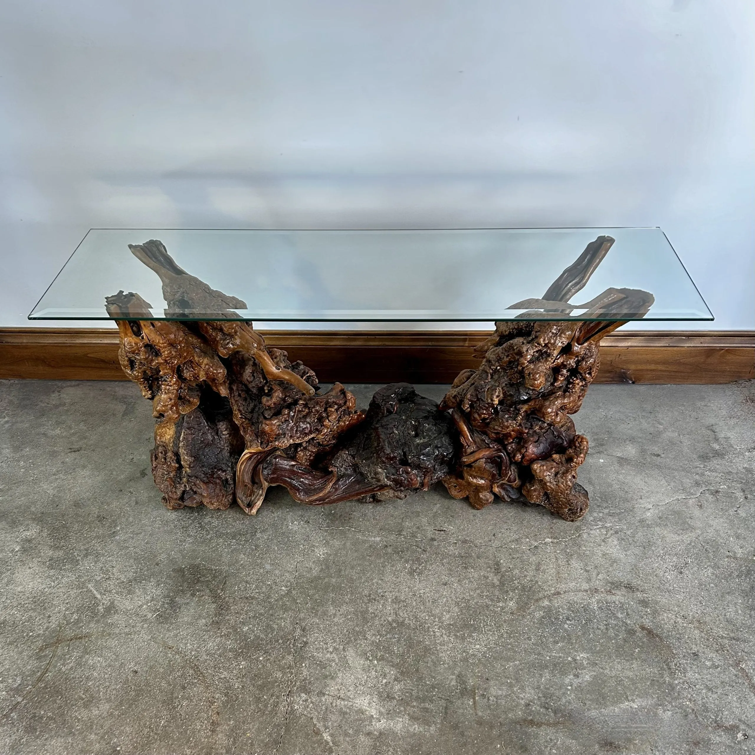 Burled Wood Root Table with Beveled Glass Top, One of a Kind, Entry Table, Console Table