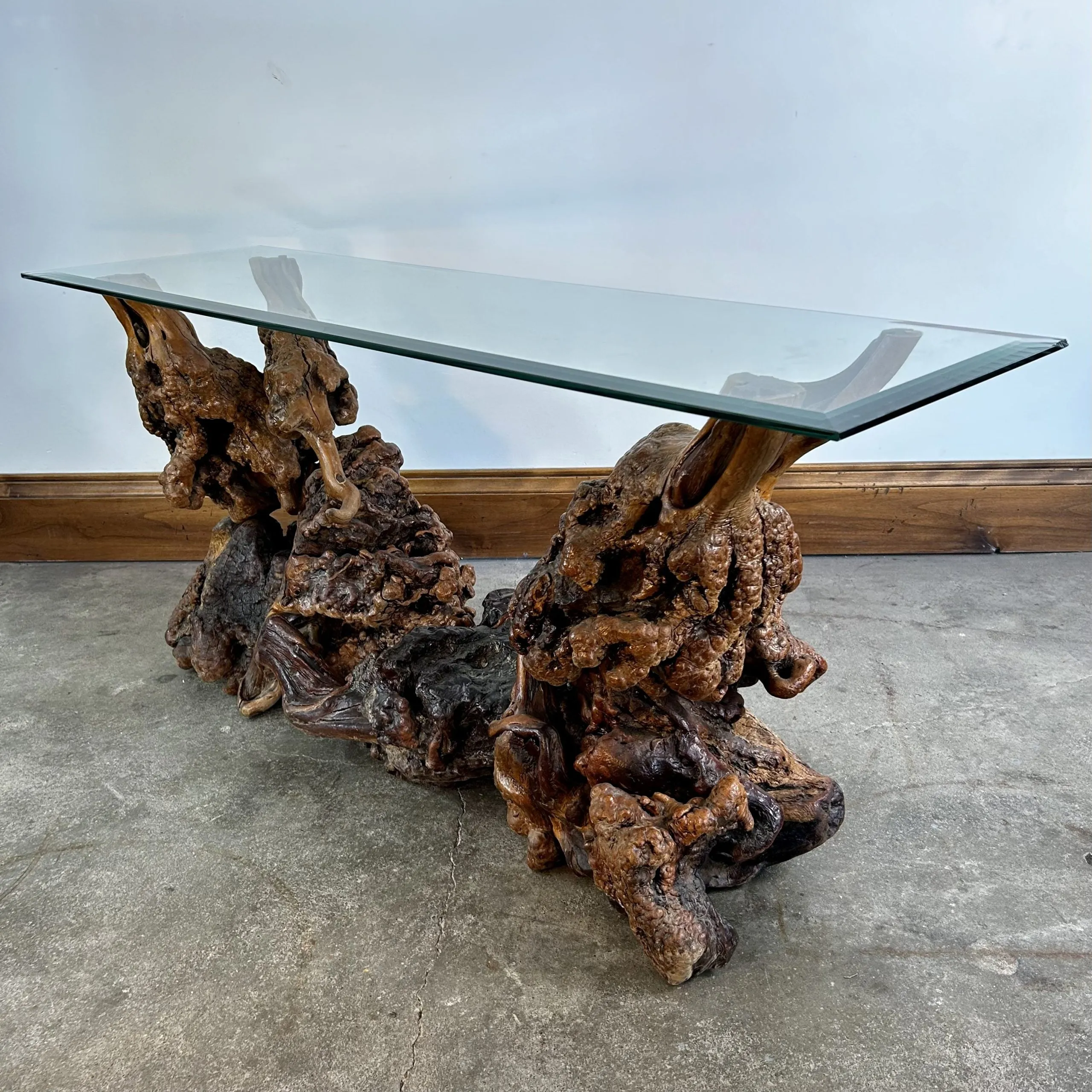 Burled Wood Root Table with Beveled Glass Top, One of a Kind, Entry Table, Console Table