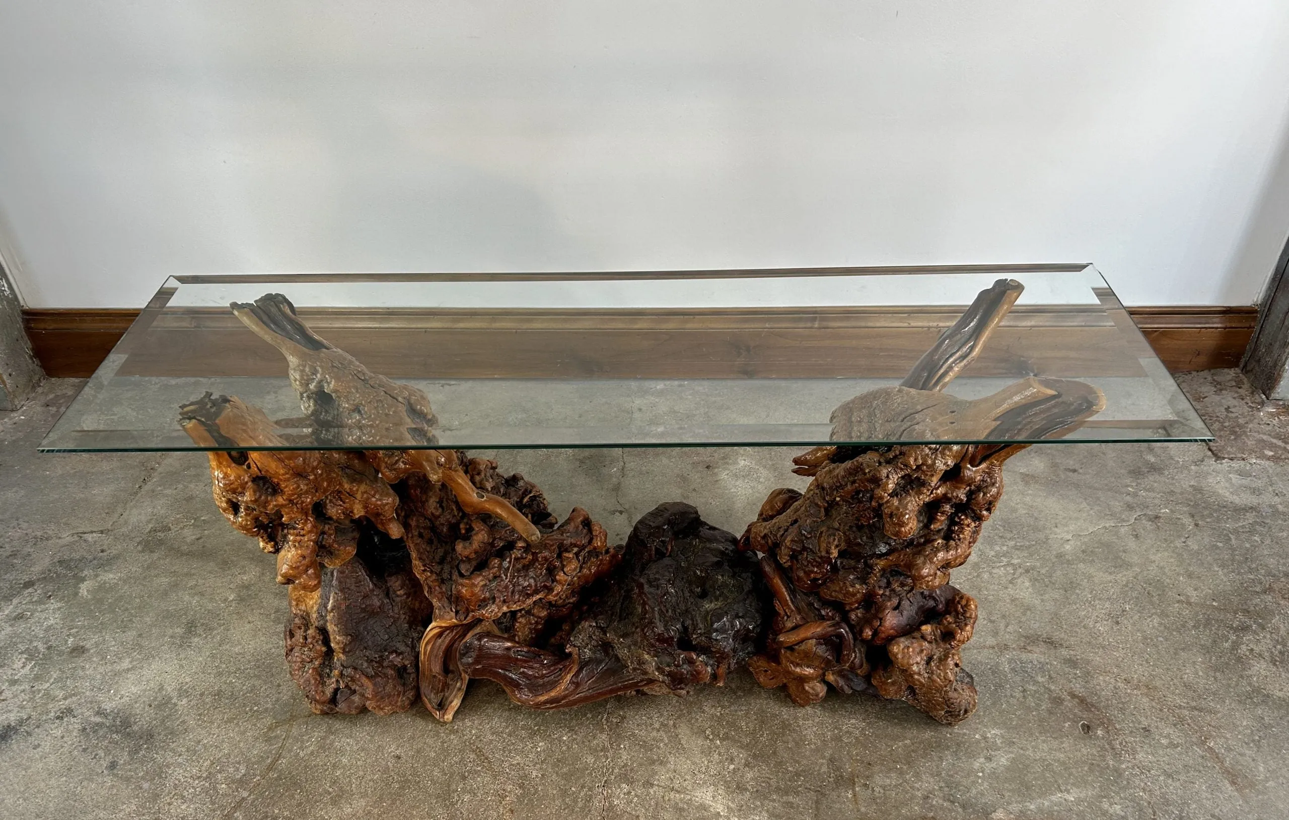 Burled Wood Root Table with Beveled Glass Top, One of a Kind, Entry Table, Console Table