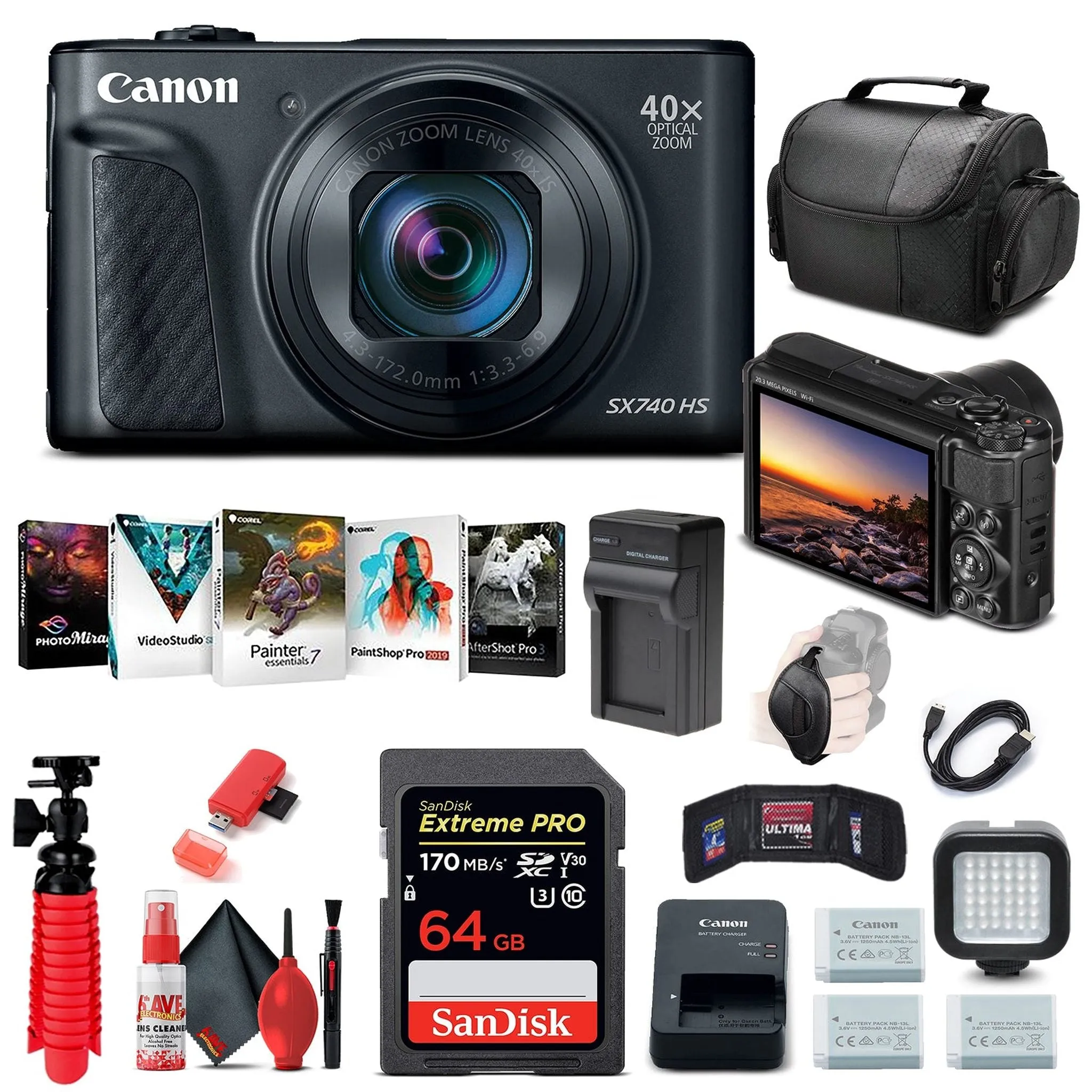 Canon PowerShot SX740 HS Digital Camera (Black) (2955C001)   64GB Card Pro Bundle