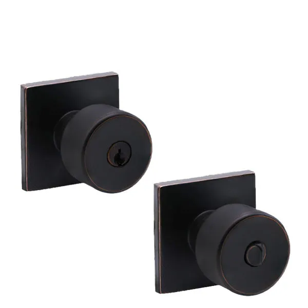 Contemporary Flat Ball Door Knob Set - Entrance - Square Rose - Aged Bronze - Grade 3 (SC1)