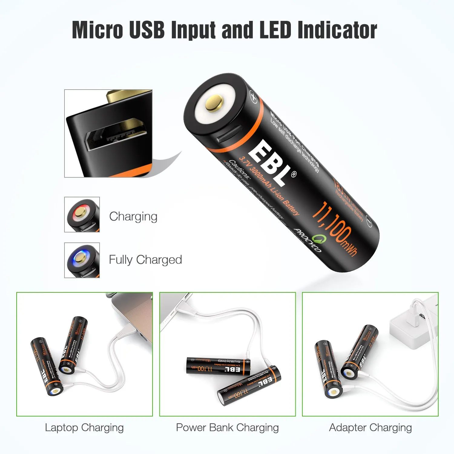 EBL TB-1446 3.7V 18650 3000mAh High-Performance Rechargeable Li-Ion Lithium Ion Battery with Built-In Micro USB Charging Port for Portable and Emergency Electronics