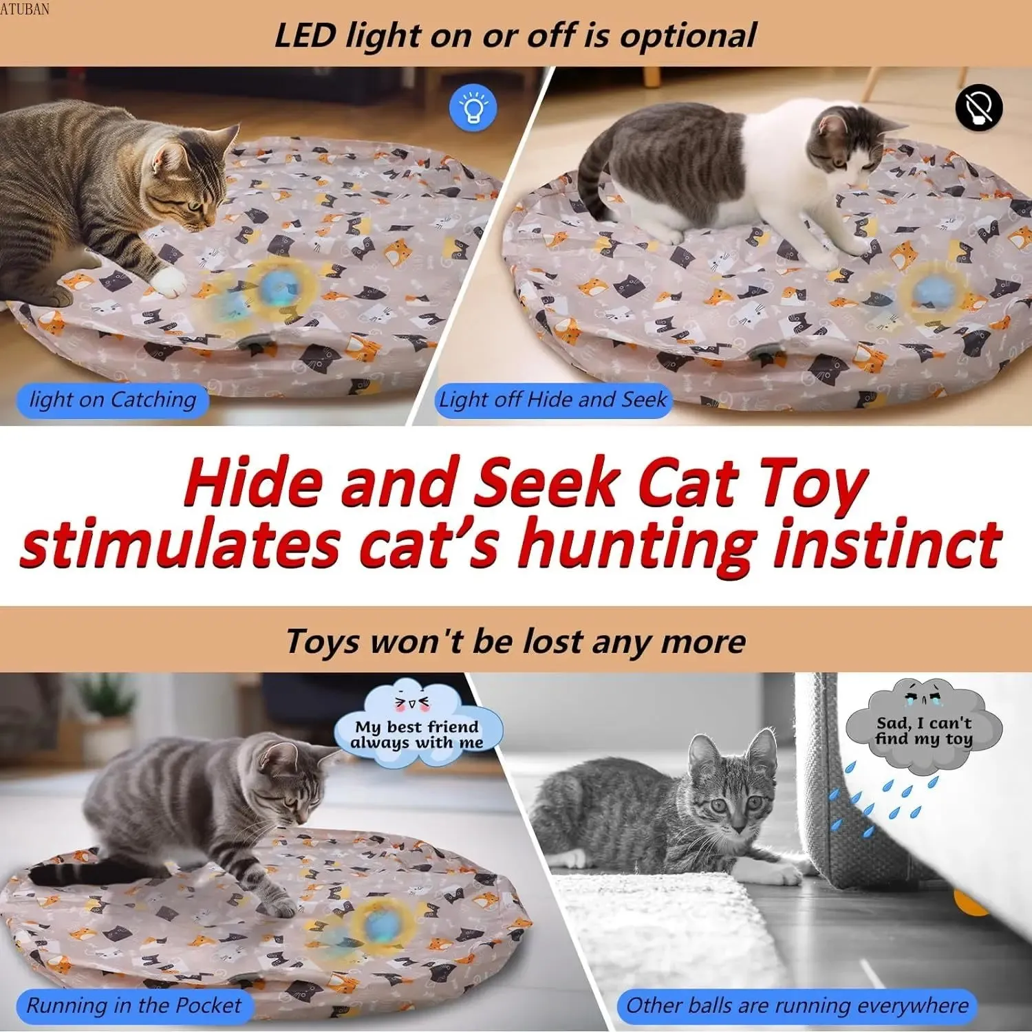 Electric Cat Toys - Hide and Seek Kitten Toy - Motion Activated Interactive Cat Toy - Hiding Cover Exercise Toy for Indoor Cats