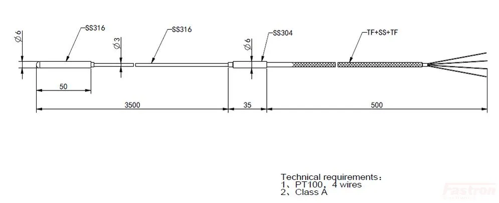 FRTD-6-3-2500-750, RTD 4 Wire MIMs 3mm x 2500mm   6mm x 50mm Tip. 750mm Teflon/Screened/Teflon 4 wire cable, -50 to 350 Deg C