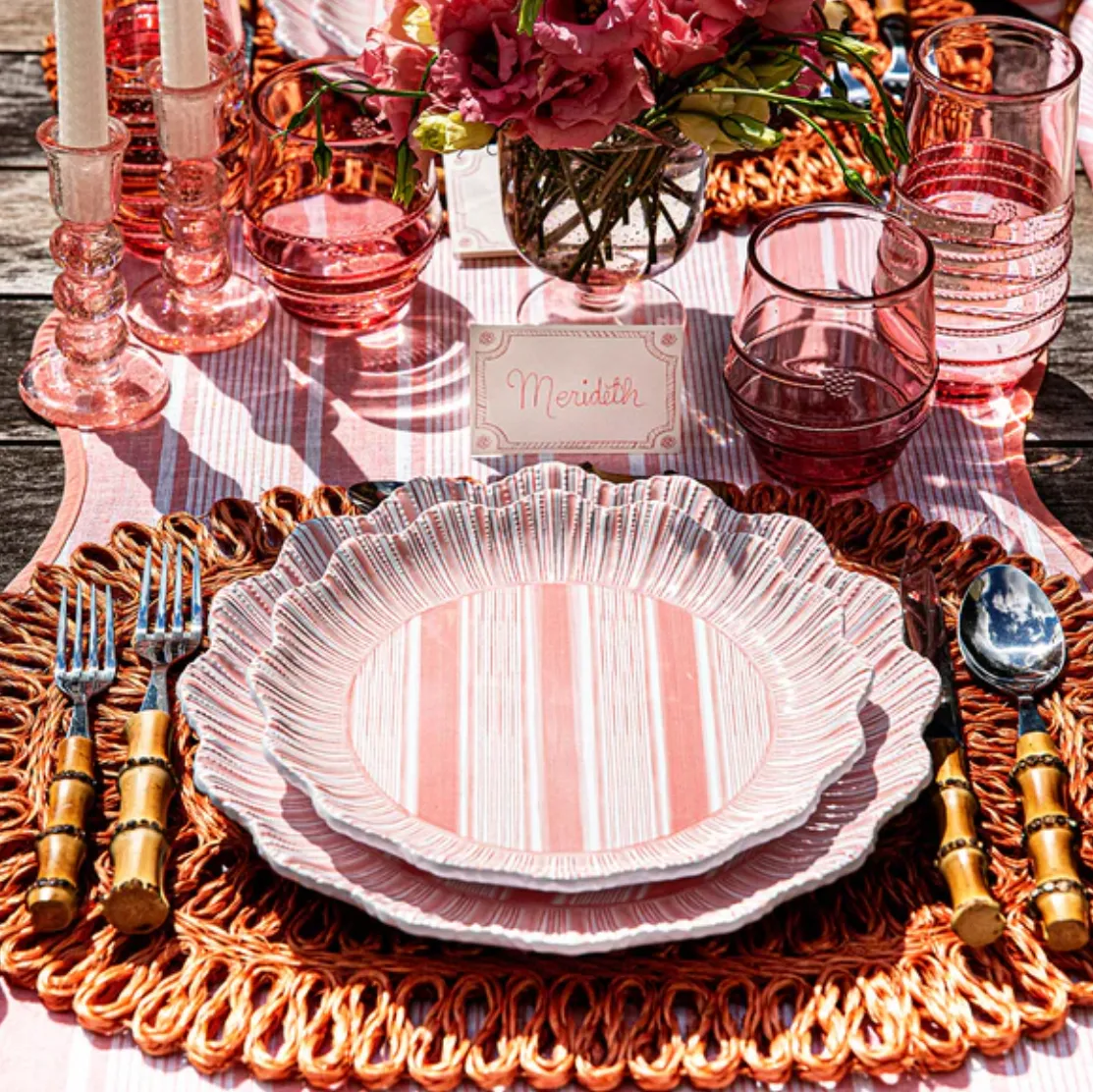 Juliska- Cabana Stripe Melamine Dessert/Salad Plate Set/4 - Coral