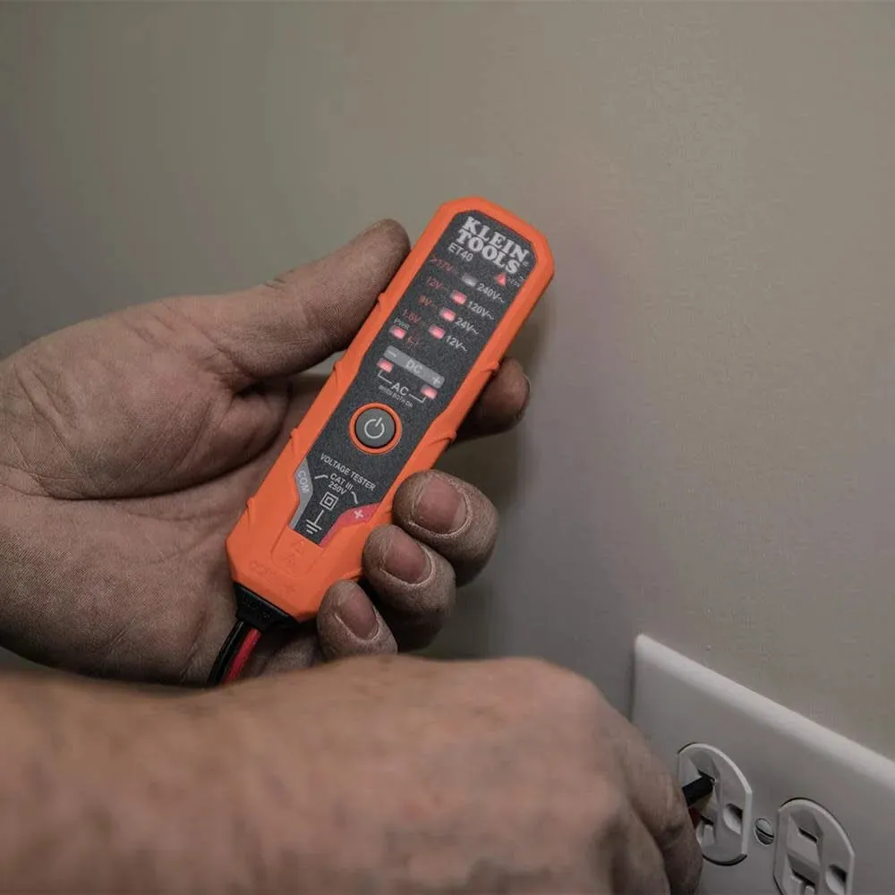 Klein Tools ET40 Digital AC/DC Voltage Tester, 12-240V AC, 1.5-24V DC, LED Illumination, DC Polarity, Auto Off, CATIII 250V-Class 2- Double Insulation, IP4 Dust and Water Resistant