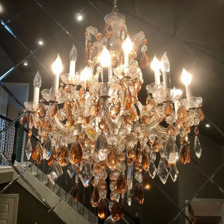 Large Amber Crystal Chandelier with 15 Candle Sticks,Two Tie