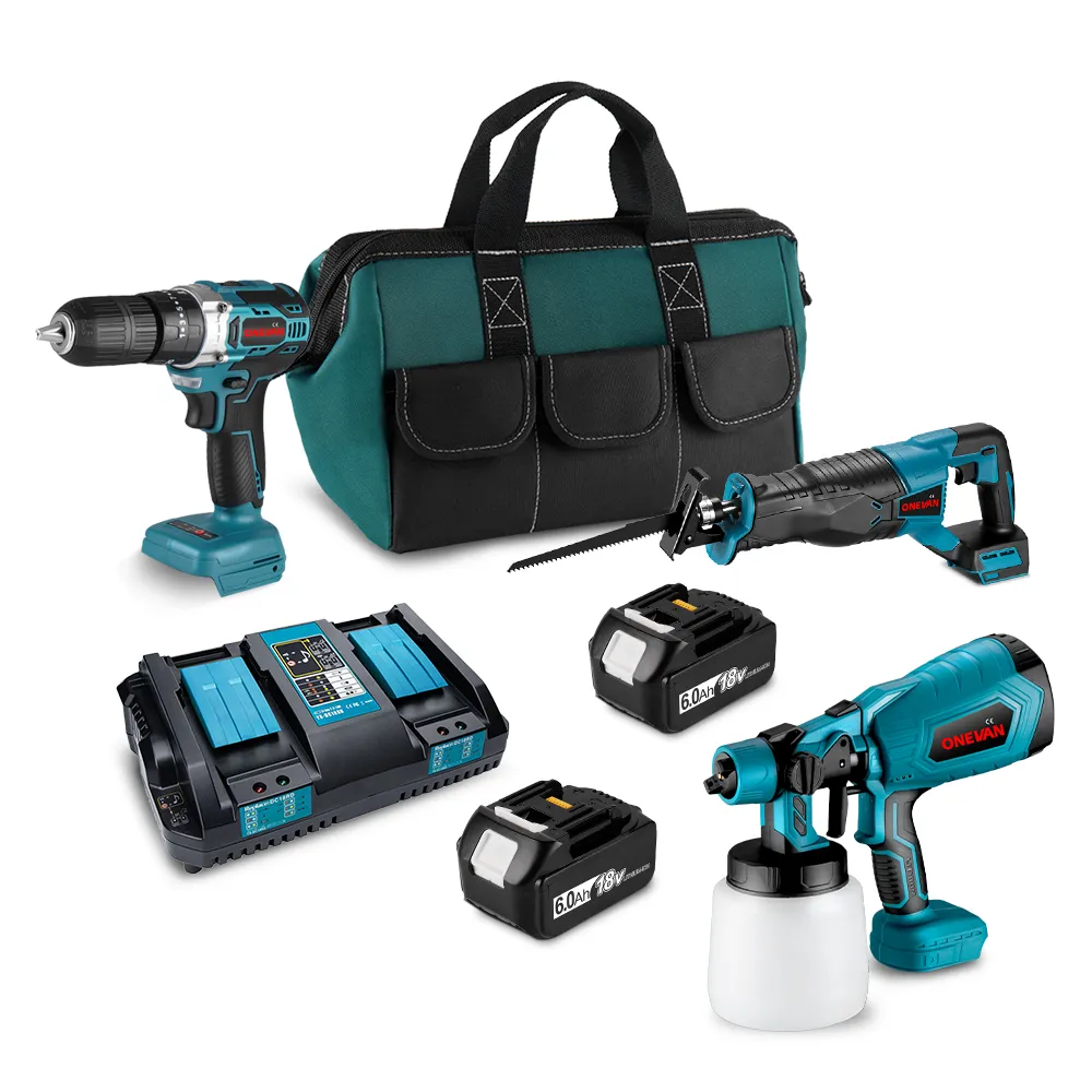 ONEVAN Reciprocating Saw & Impact Drill & Paint Spray Gun Brushless Cordless 3‑Pc. Combo Kit 6.0Ah